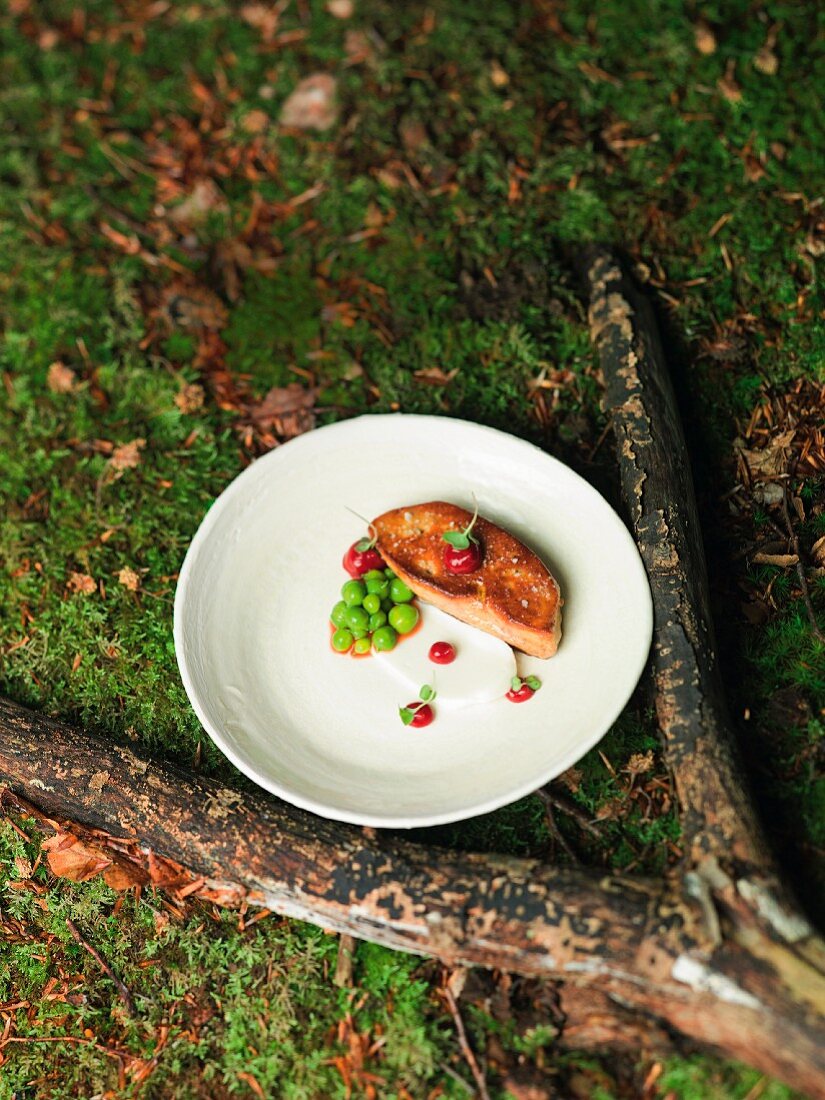 Entenstopfleber mit Ziegenkäsecreme und Harissa-Himberen, Restaurant 'Auberge Frankenbourg' in La Vancelle, Frankreich, Koch Sébastien Buecher