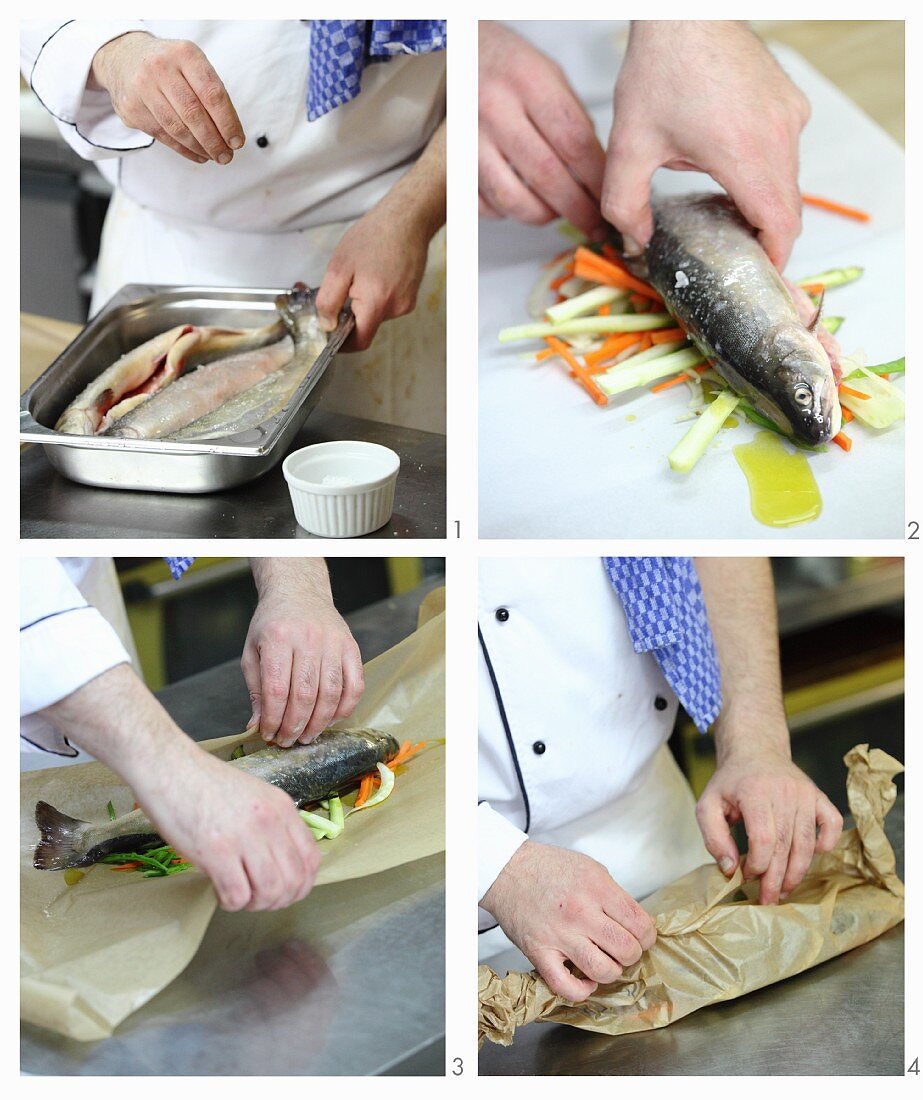 How to cook char in parchment paper with spring vegetables and vanilla