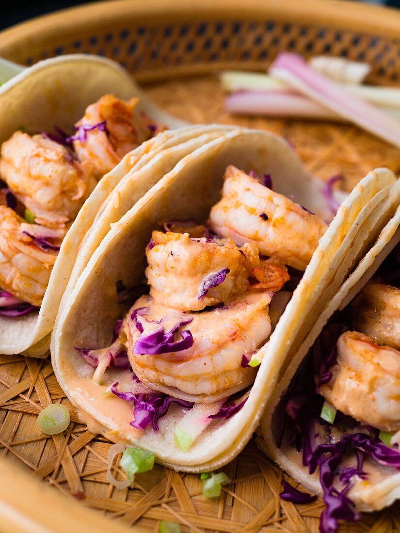 Pan Asian shrimp tacos with red cabbage and green apple slaw