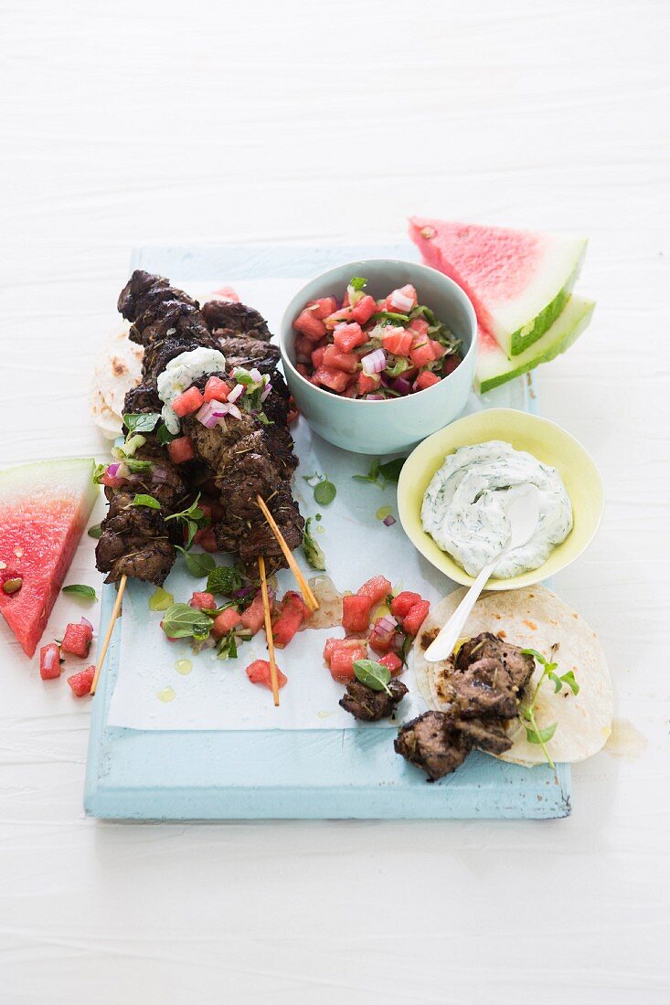 Lamb kebabs with watermelon salsa and dill and yoghurt dip