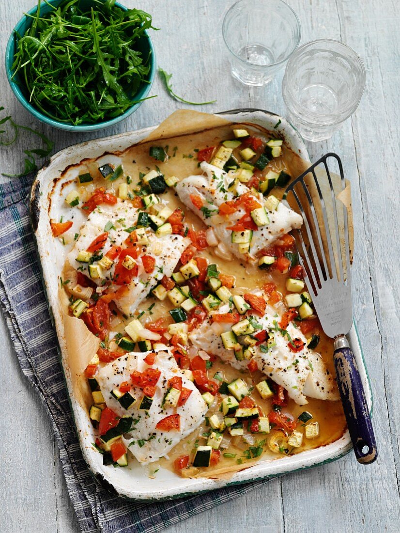 Roasted haddock with diced vegetables