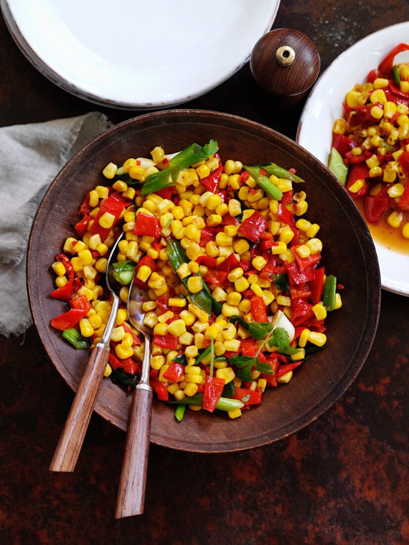 Sweetcorn with spring onion and roasted red pepper