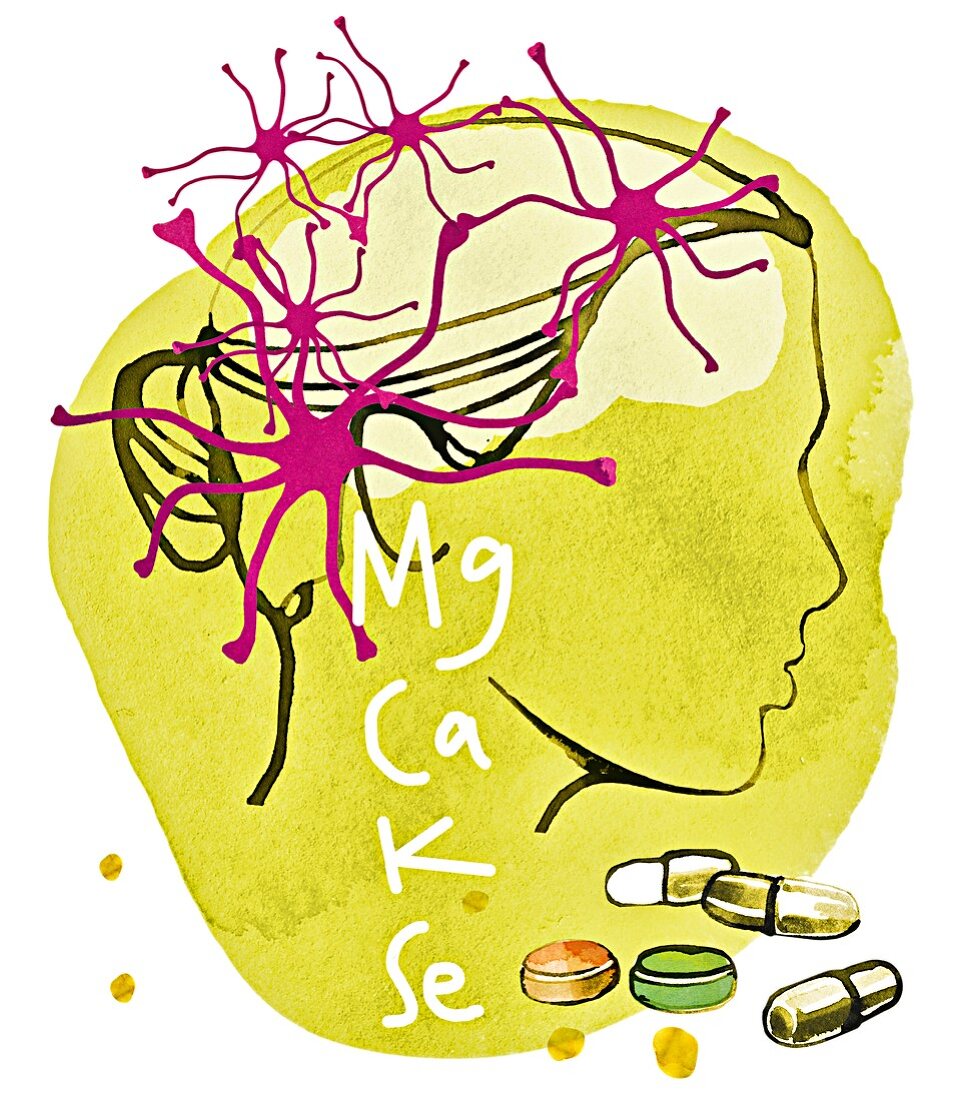 Illustration eines Frauenkopfes mit Nervenzellen und Mineralien als Symbolbild für Kopfschmerzen