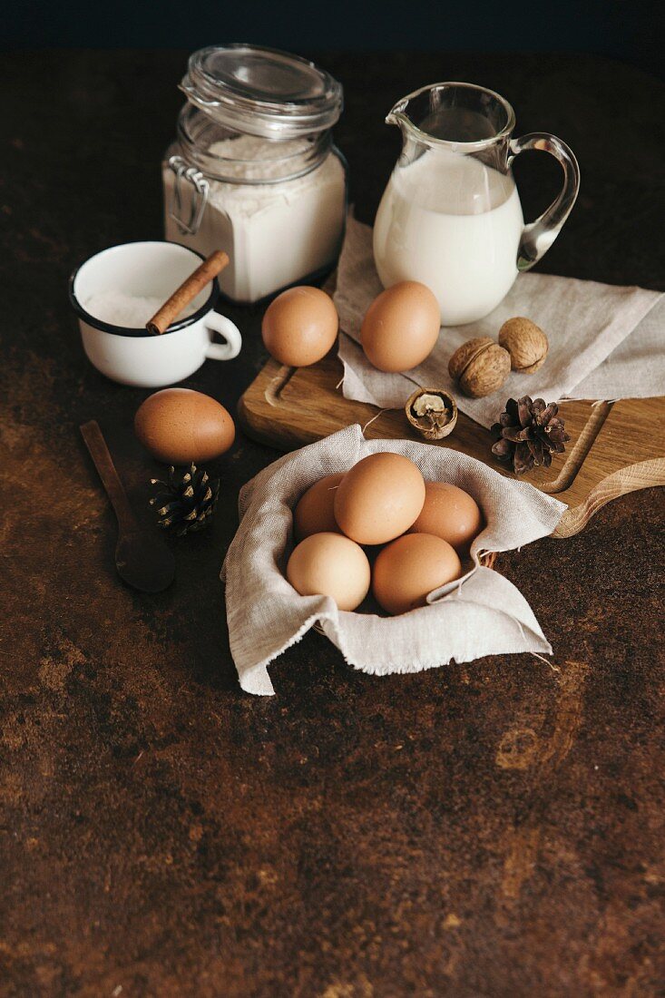 Fresh chicken eggs, flour, walnuts, sugar and milk