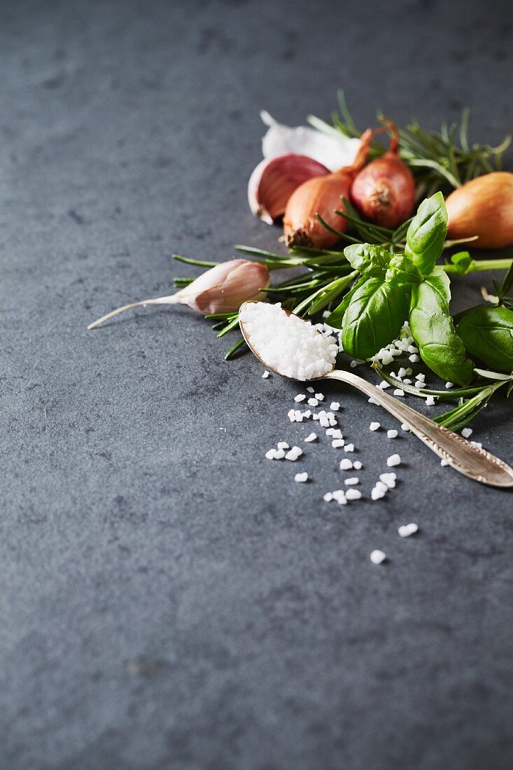 Stillleben mit Kräutern, Zwiebeln, Knoblauch und Salz