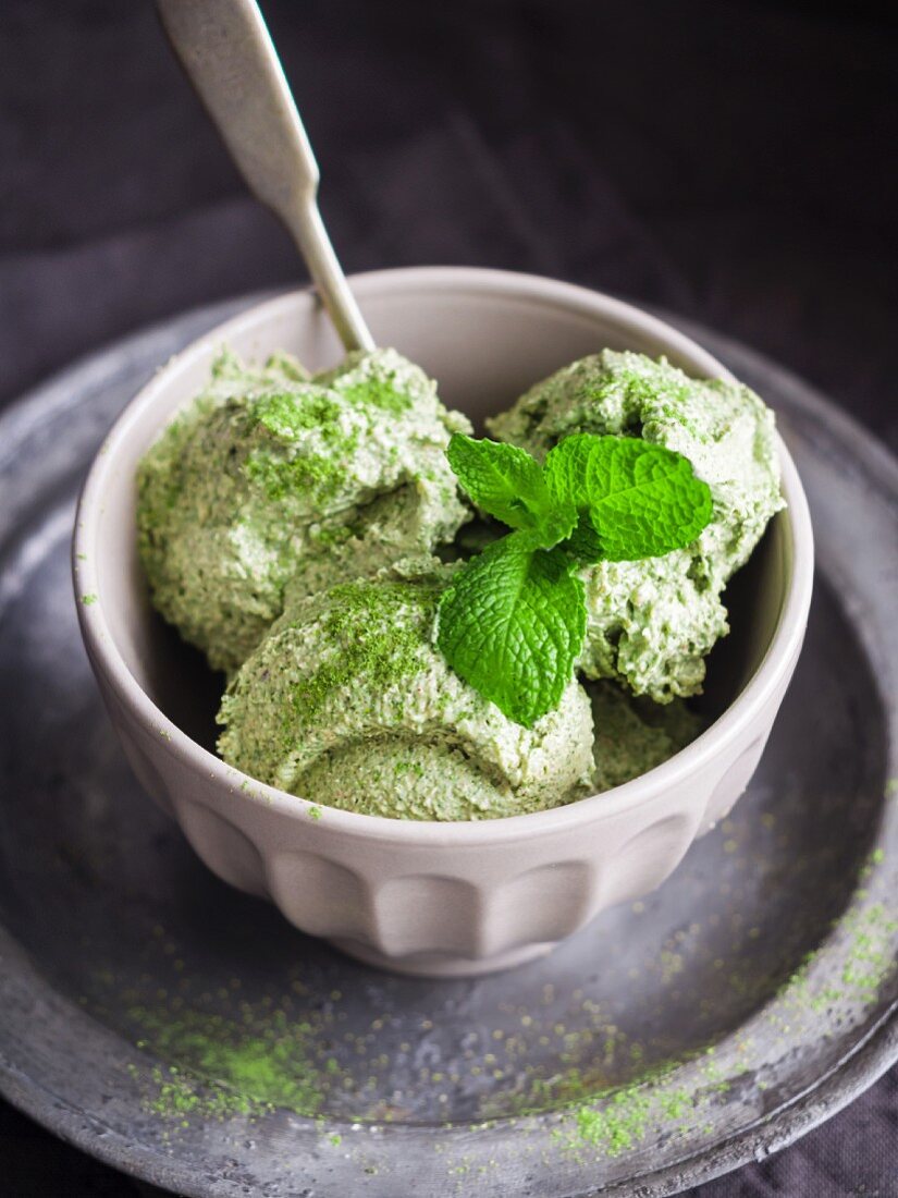 Vegan matcha and banana ice cream in a bowl