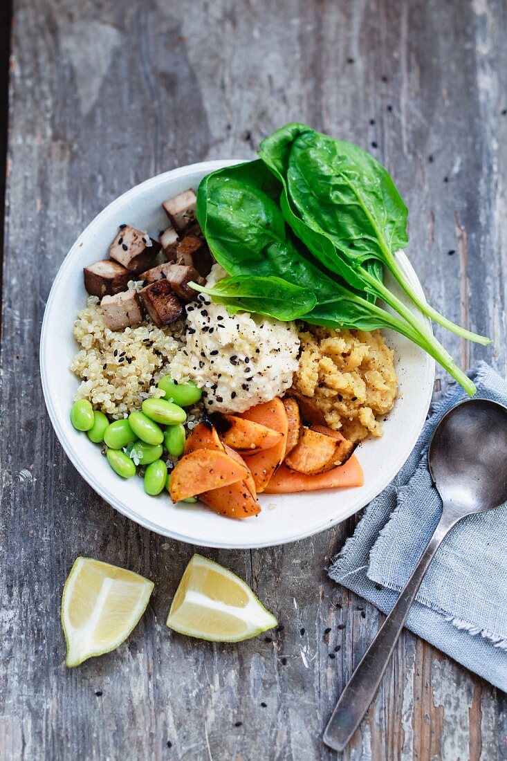 Buddha Bowl mit Quinoa, Linsen, Süsskartoffeln, Edamame, Tofu, Spinat und Hummus
