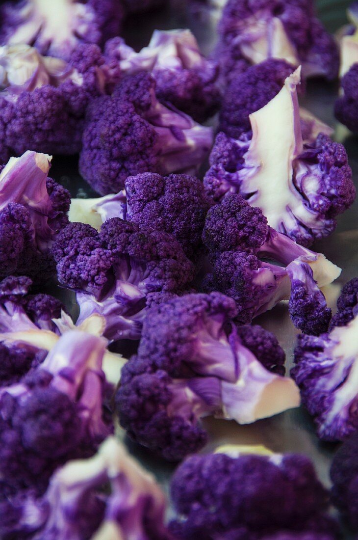 A close up view of chopped purple cauliflower florets on roasting pan