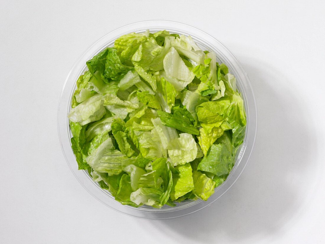 Fresh green lettuce leaves in a plastic bowl in front of a white background (seen from above)