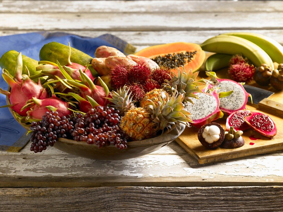 An arrangement of various tropical fruits
