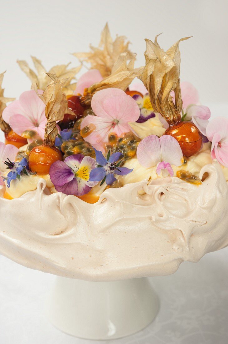A meringue cake garnished with flowers and caramelised physalis