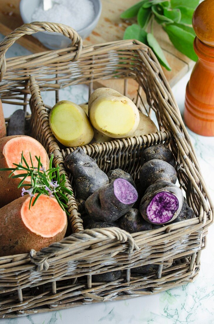 Various types of potato in a basket