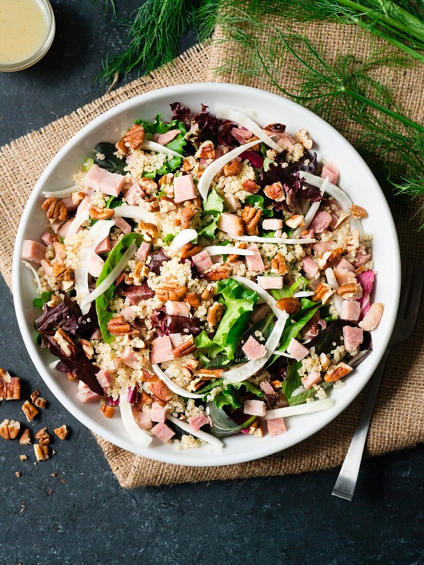 Ham, fennel and quinoa salad on dark background