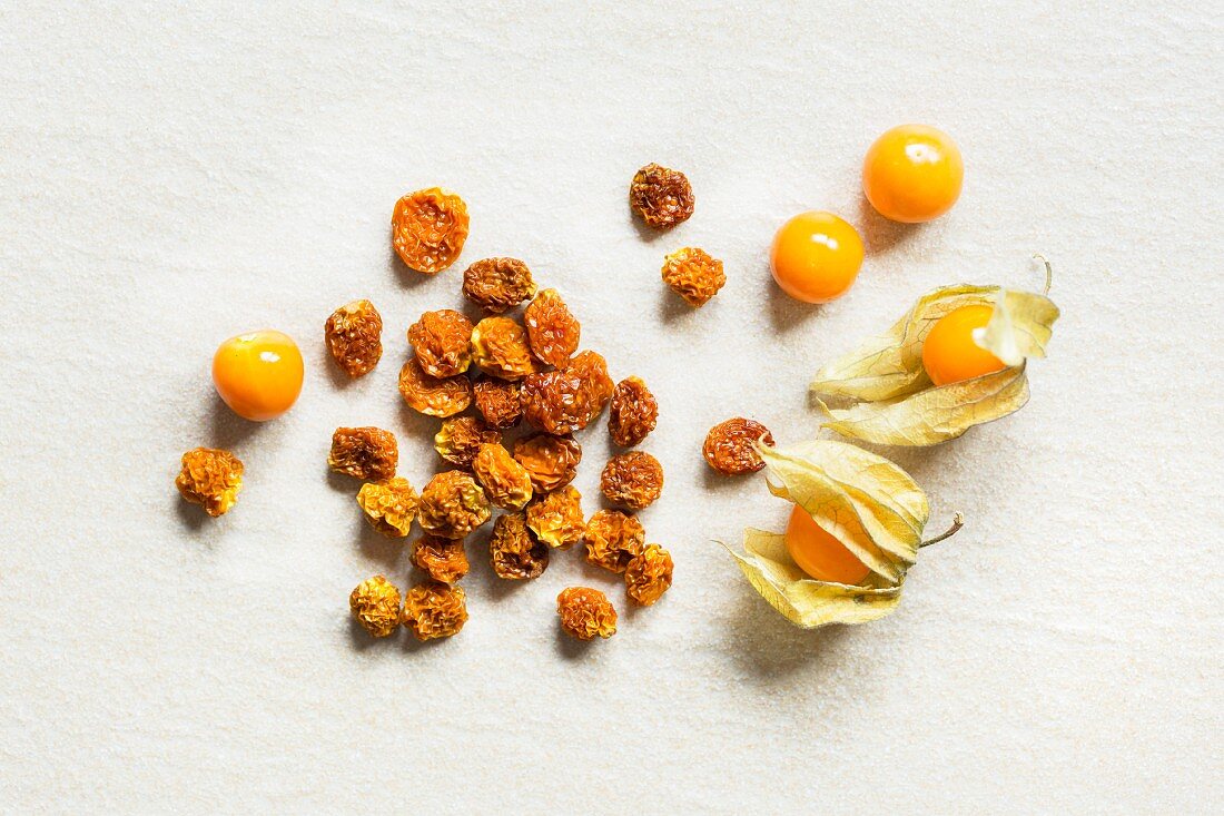 Dried and fresh physalis on a white background (top view)