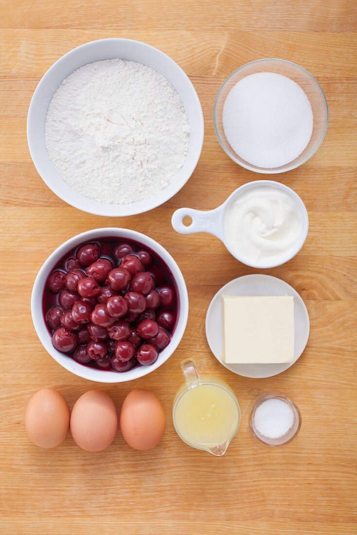 Ingredients for lime tart with cherries