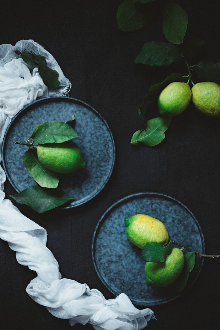 Stillleben mit unreifen Zitronen vor schwarzem Hintergrund (Aufsicht)