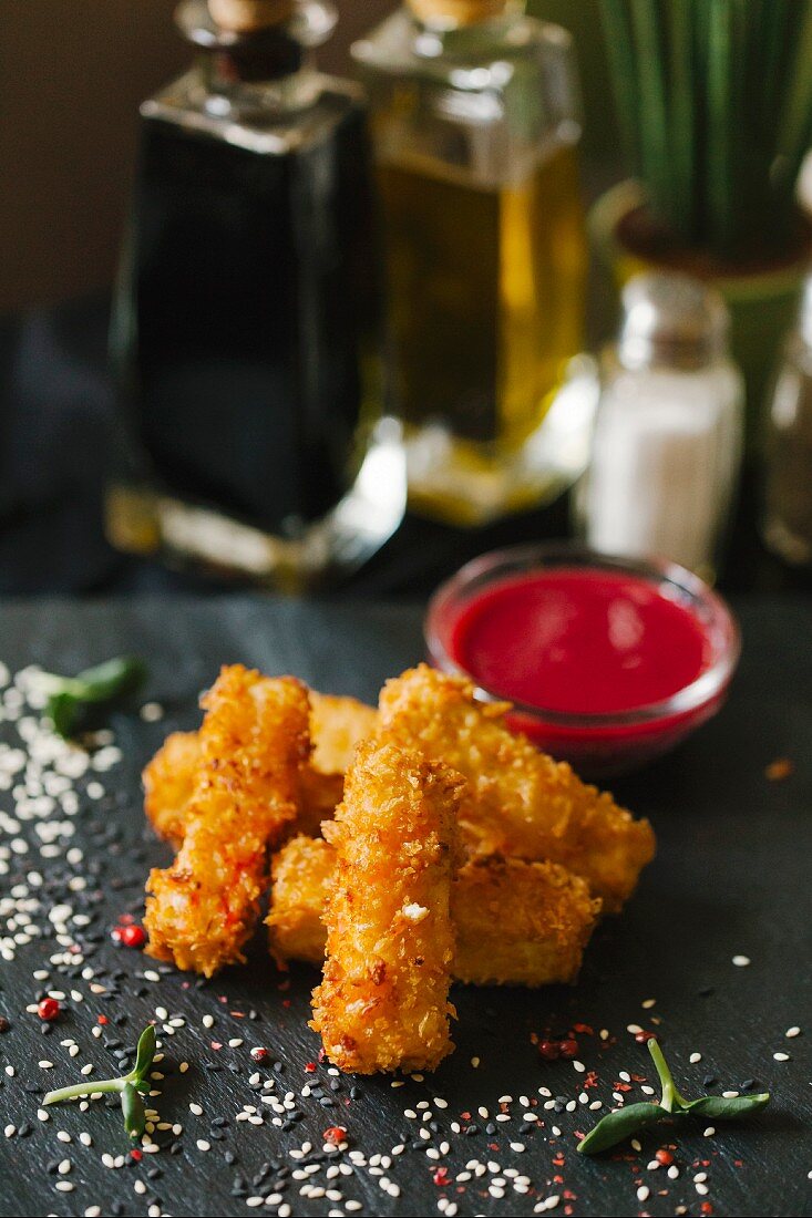 Breaded mozzarella sticks and ketchup