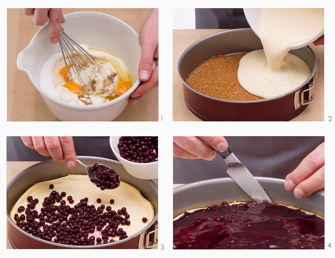 Heidelbeer-Cheesecake mit Keksboden herstellen
