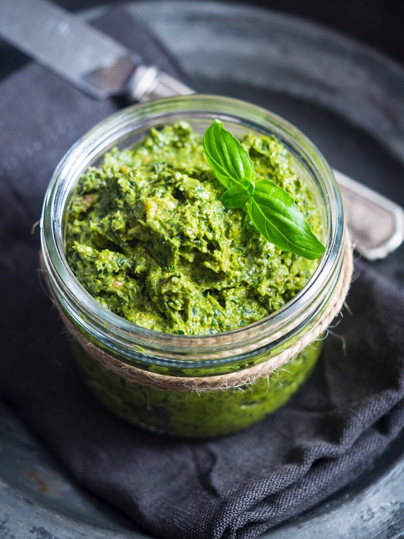 Vegan green pesto in a jar