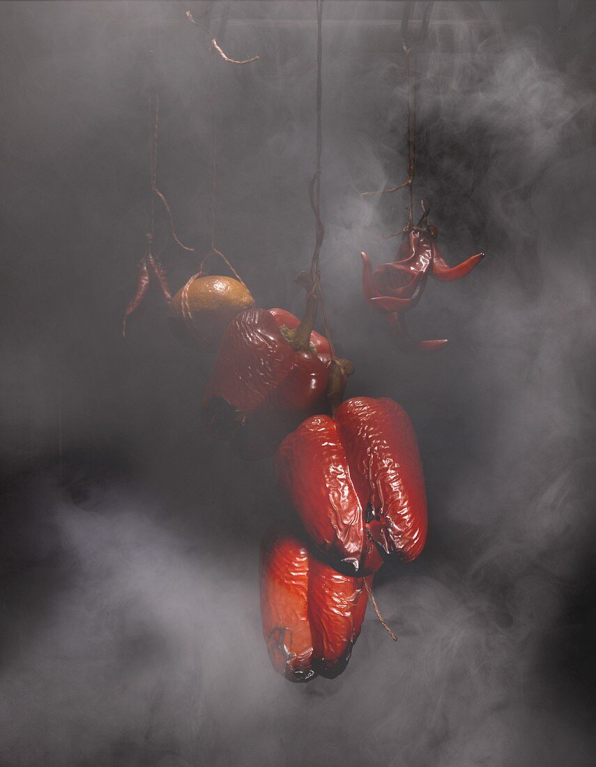 Red peppers in a smokehouse