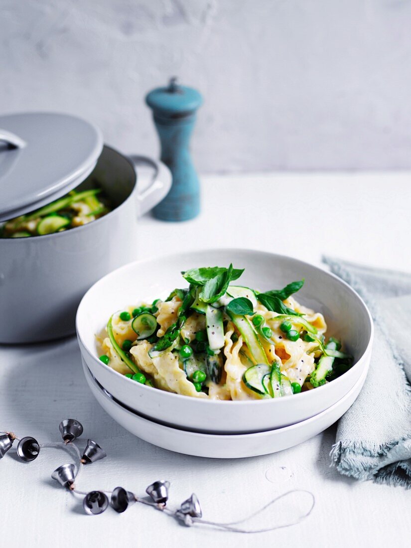 Pasta with kale, broad beans and broccoli