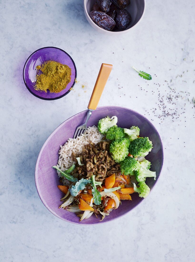 Curried minced beef bowl with carrot relish