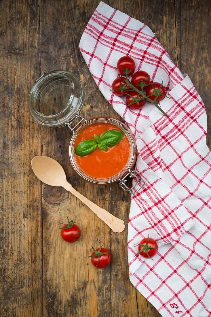 Tomato soup in a glass jar