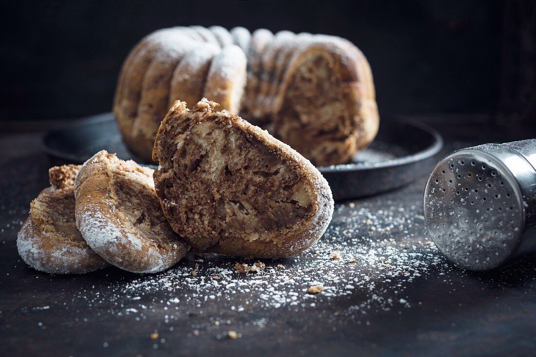 Vegan chocolate and vanilla ring-shaped 'Gugelhupf' cake