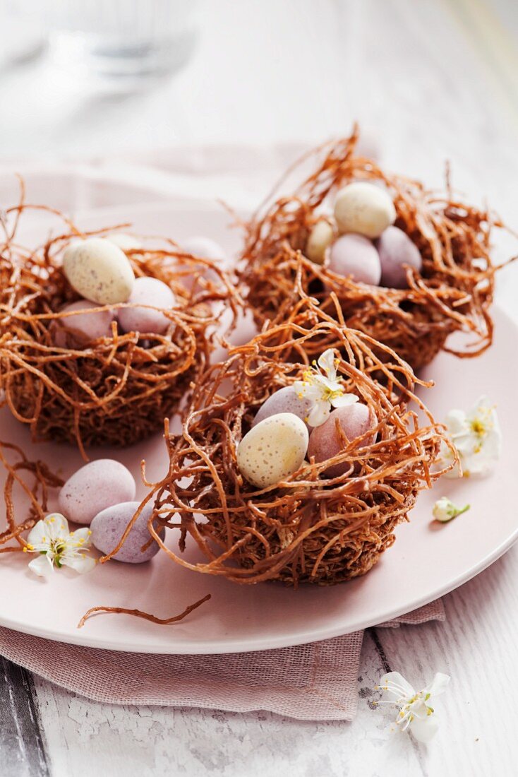 Chocolate Easter nests make from from dried noodles