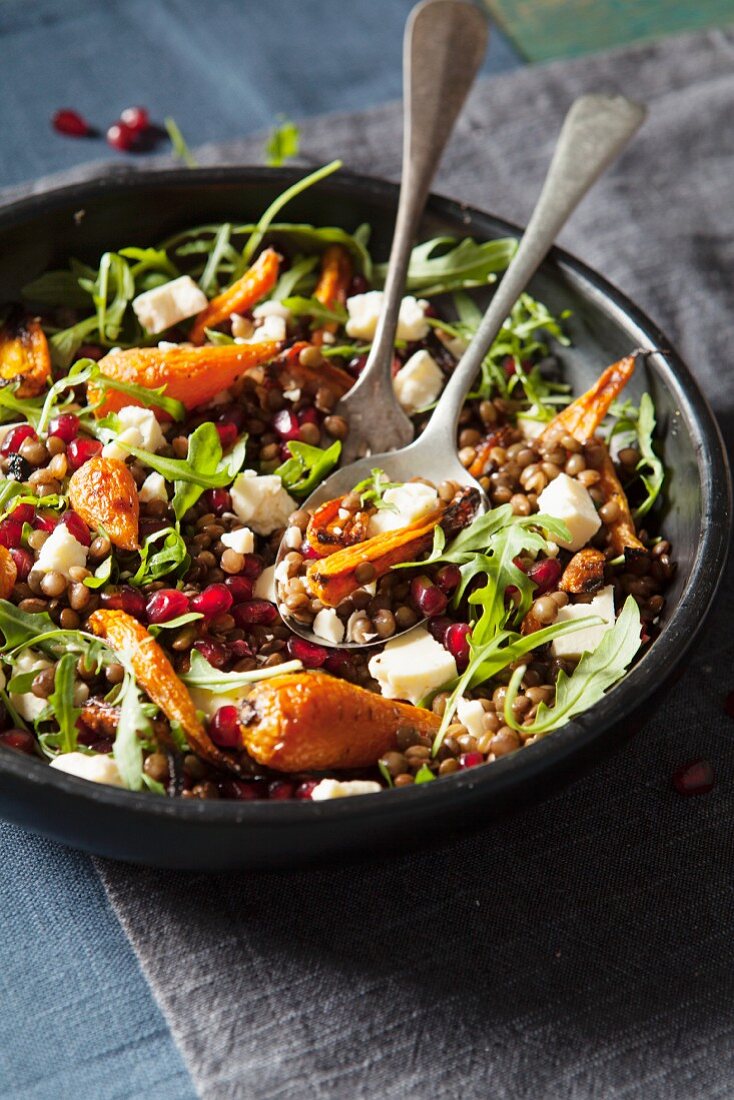 Roasted baby carrots with lentils, Wensleydale and arugula