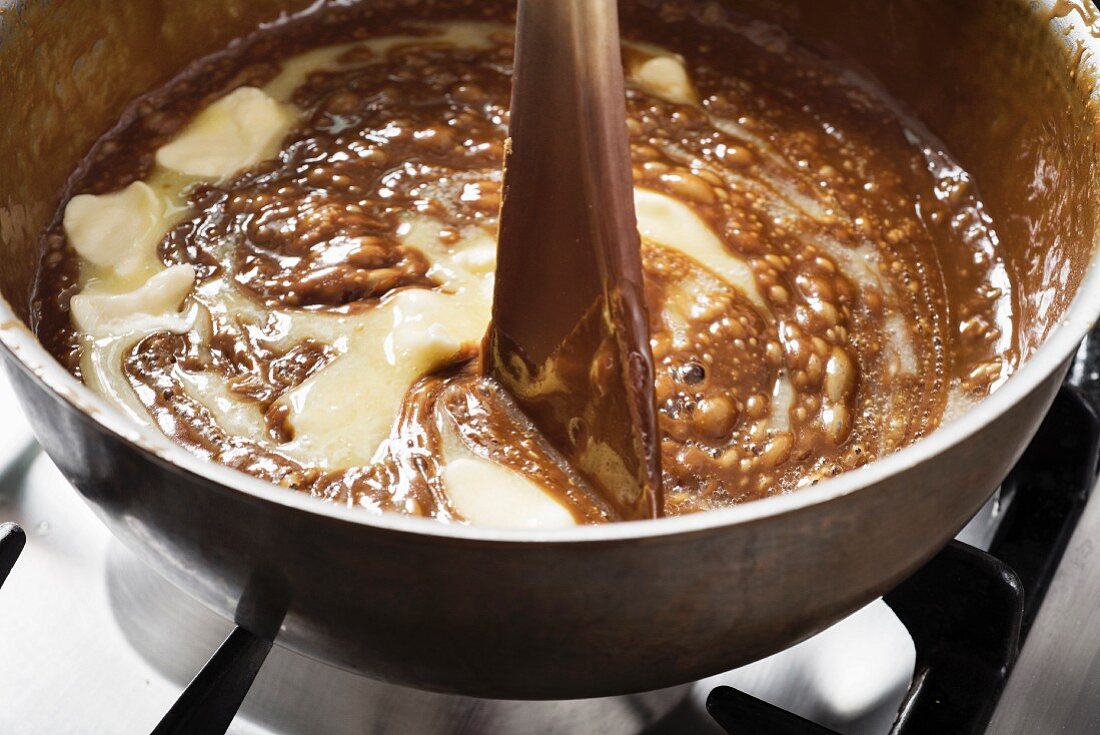 Caramel being heated in a pan