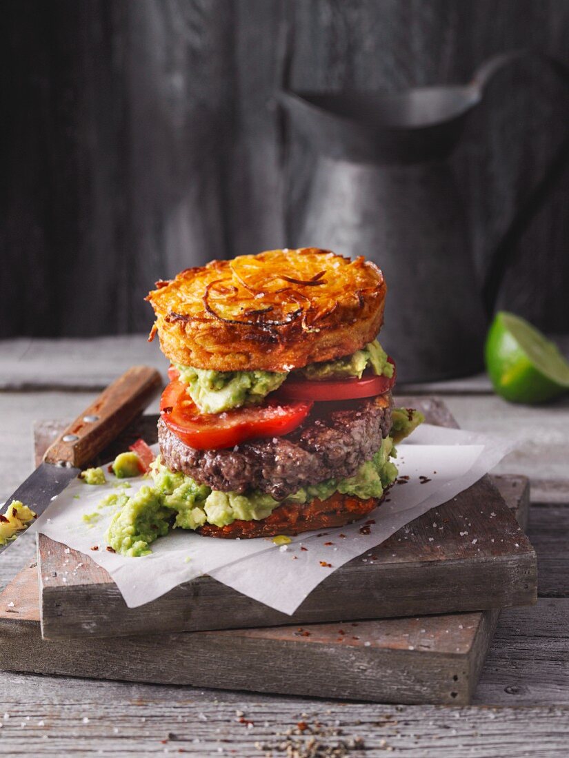 A sweet potato beefburger with avocado