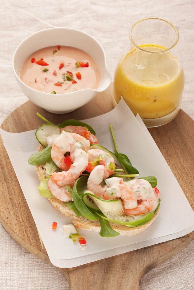 An open prawn sandwich with Thousand Island dressing