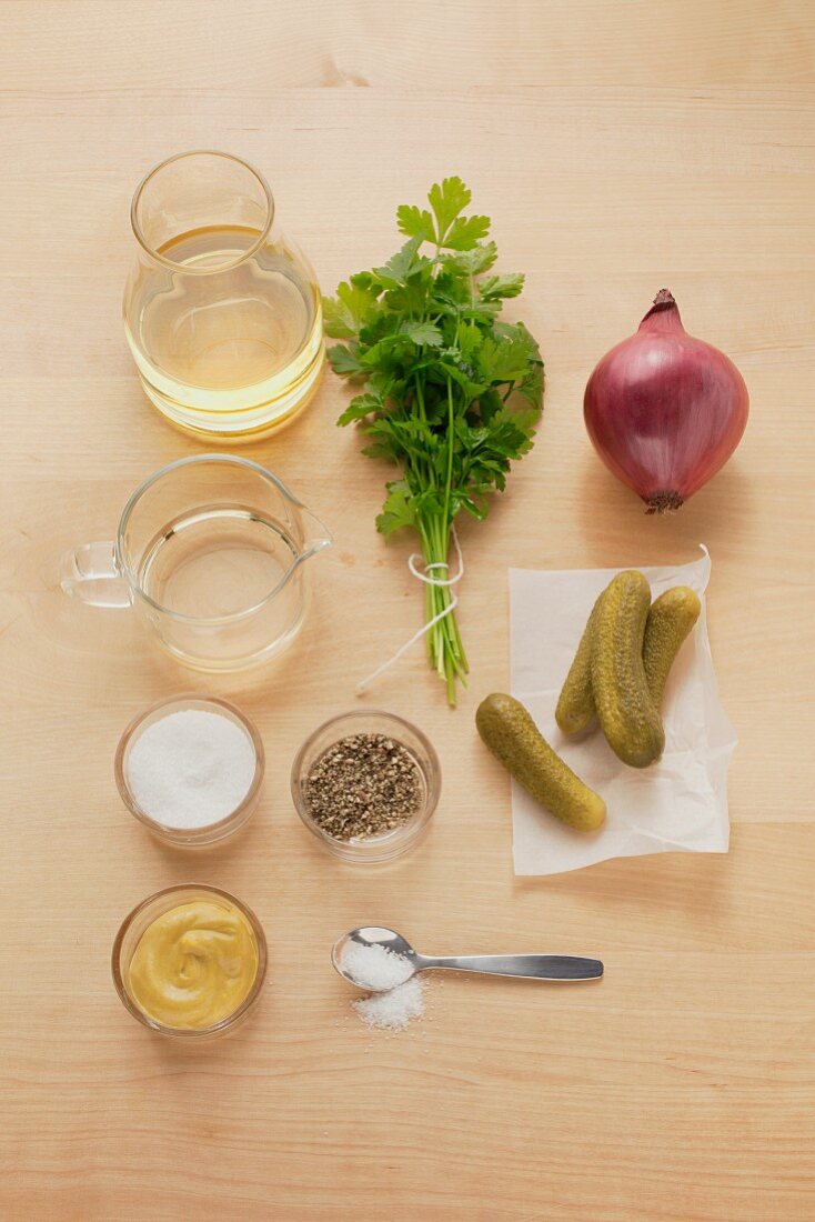 Ingredients for onion vinaigrette with gherkins