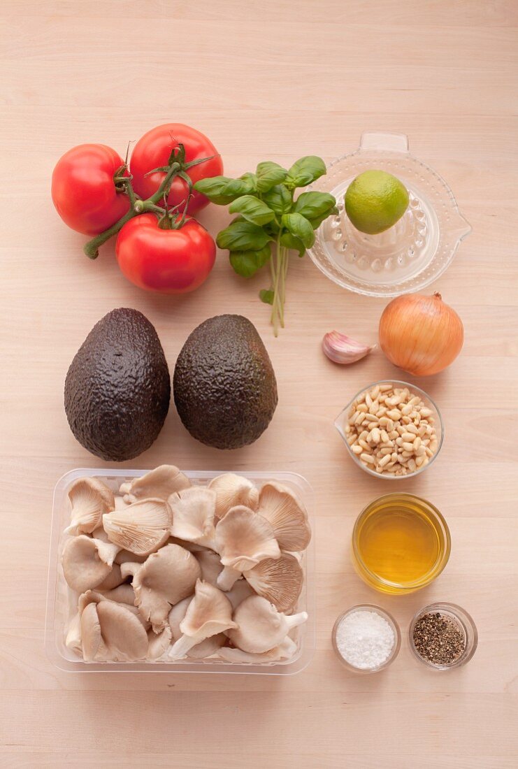 Ingredients for oyster mushrooms and avocado carpaccio with pine nuts