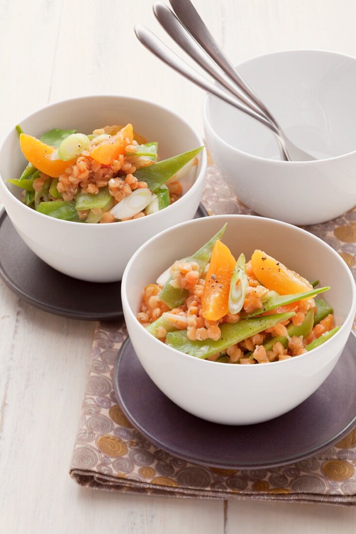 Lentil salad with apricots and sugar snap peas
