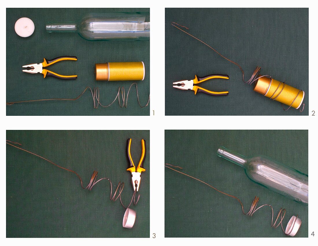 Instructions for making a candle lantern from a glass bottle and coiled wire