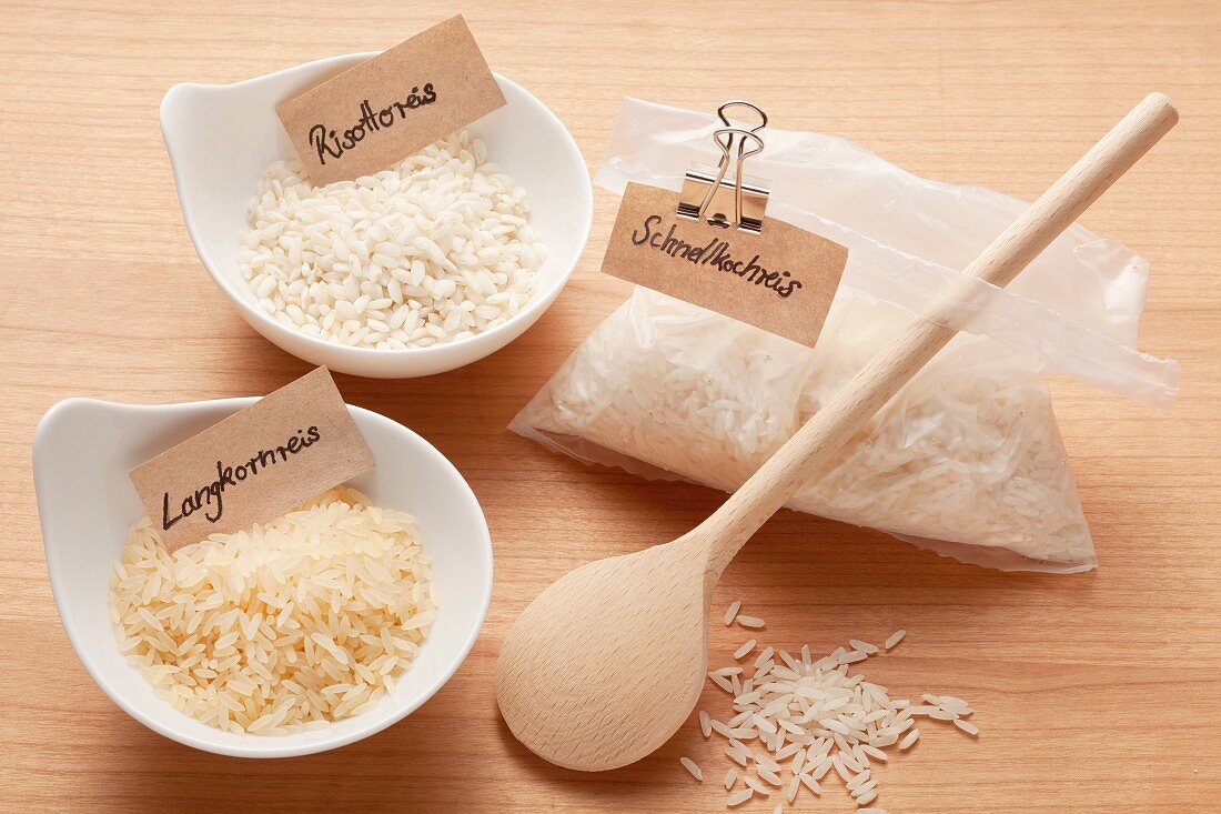 Long grain rice, risotto rice and quick cook rice in a bag