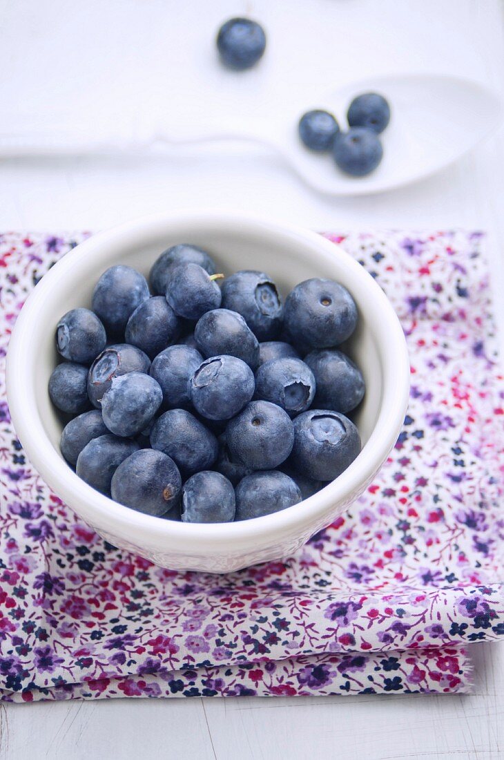 Fresh Blueberries in a White Ceramic Bowl on a Floral Napkin