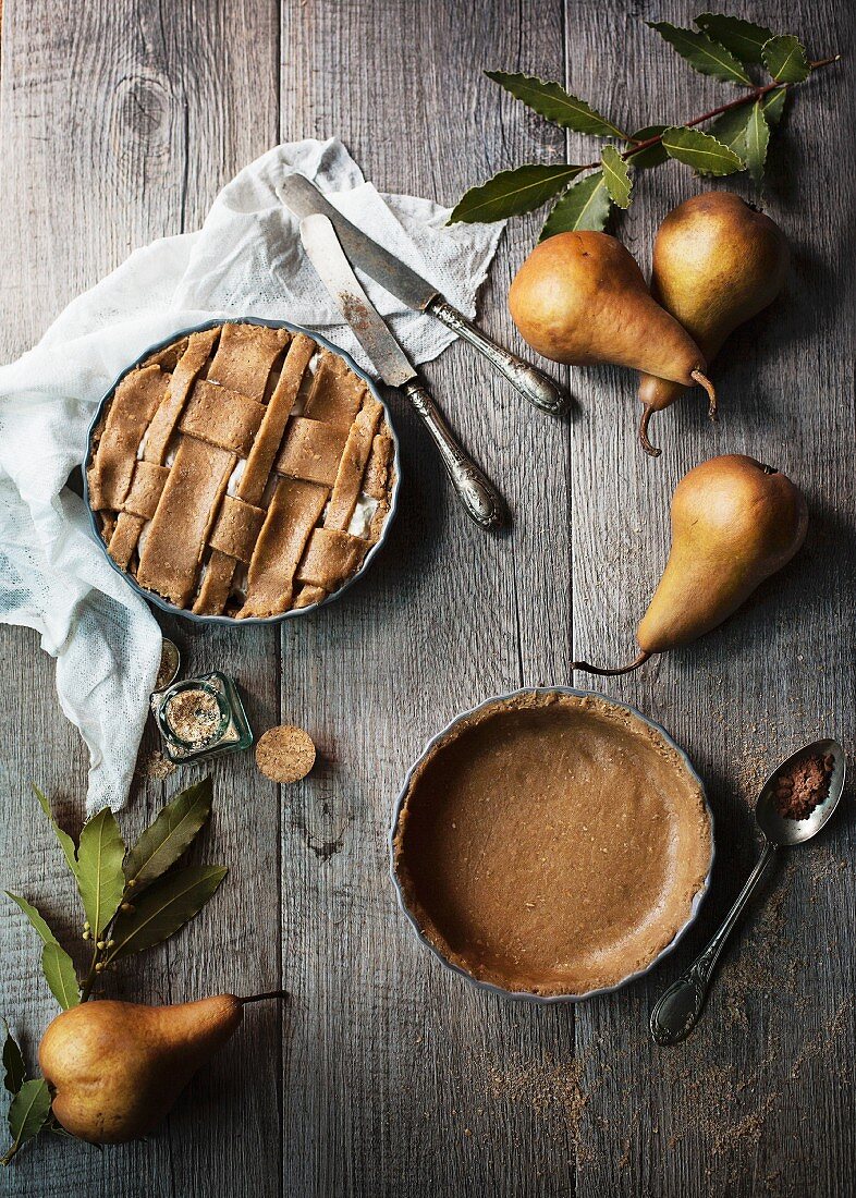 Pear and ricotta tart on table