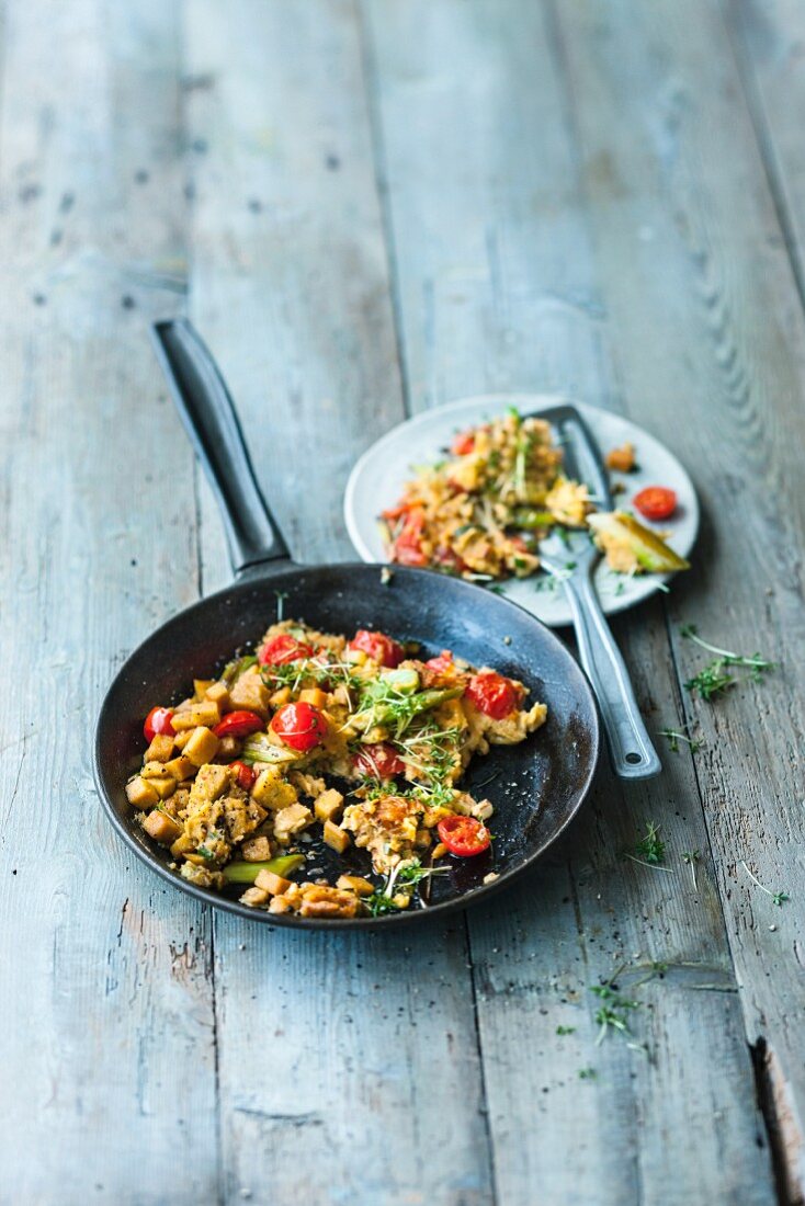 Vegan lupin scrambled eggs with vegetables