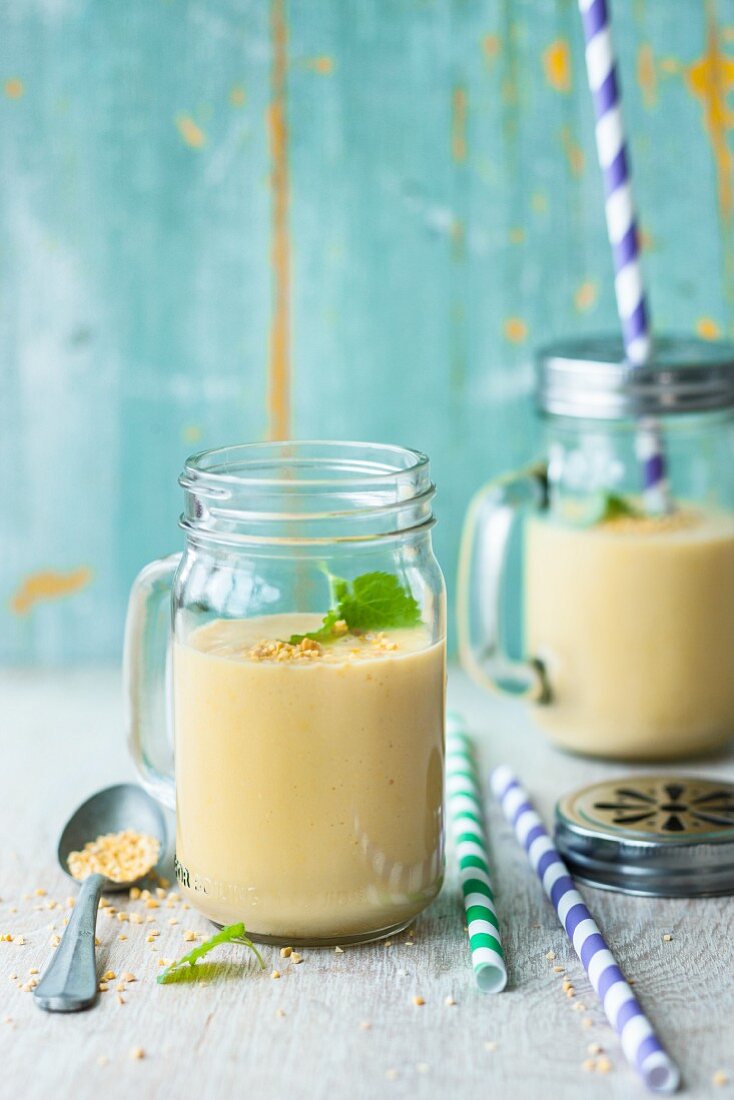 Lemongrass and mango lassi with lupin crunch