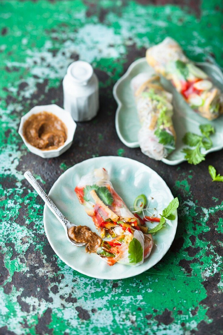 Summer rolls filled with raw vegetables and lupin dip