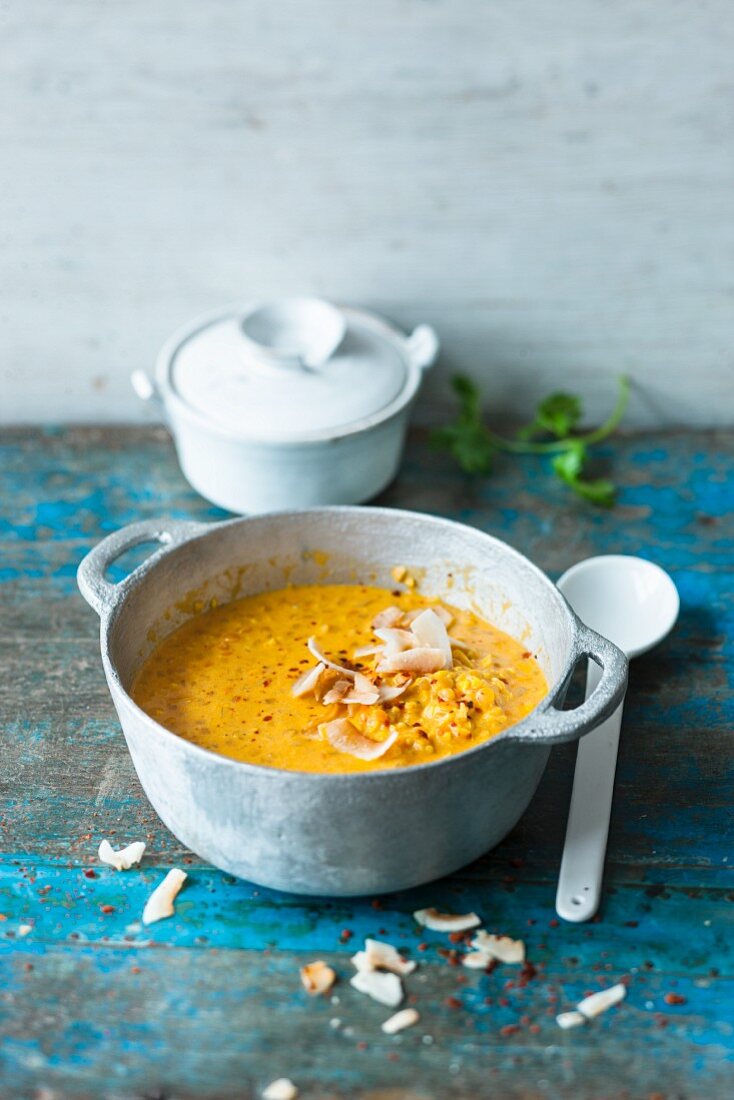 Lupin and lentil dal with coconut chips