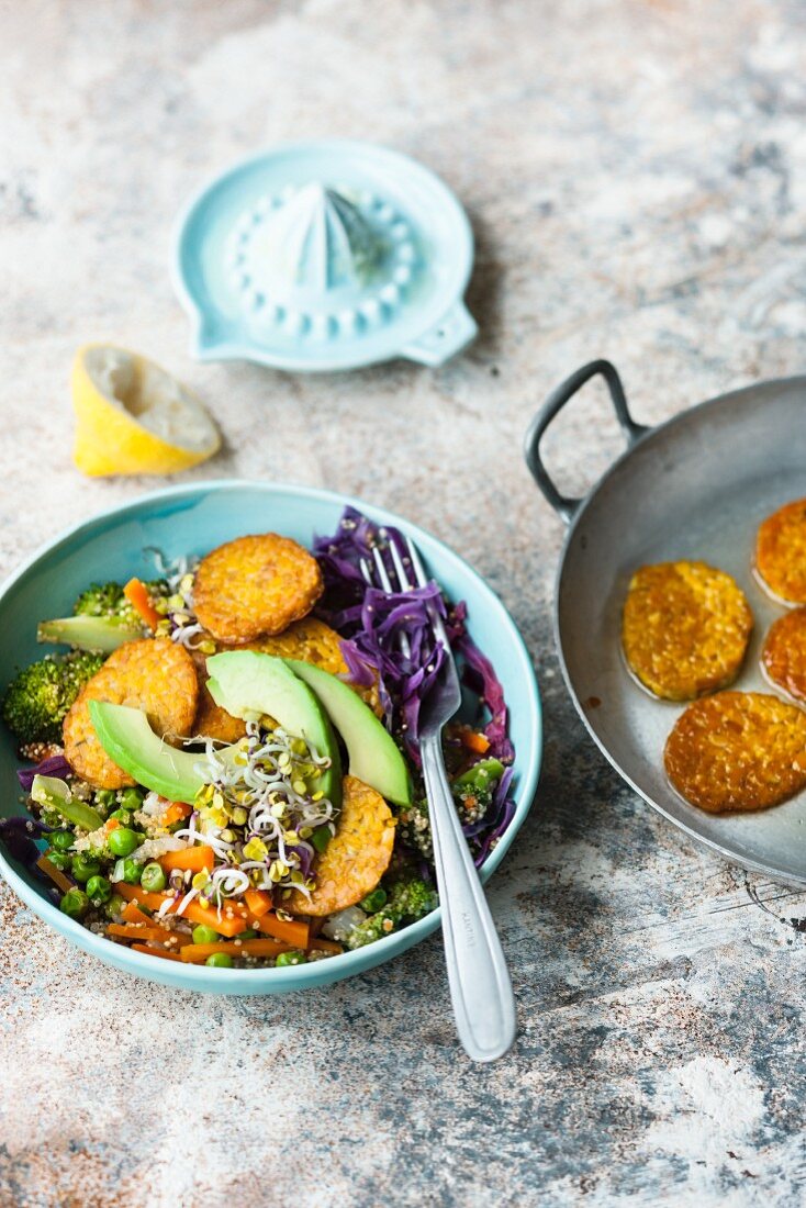 A Buddha bowl with quinoa and lupin tempeh