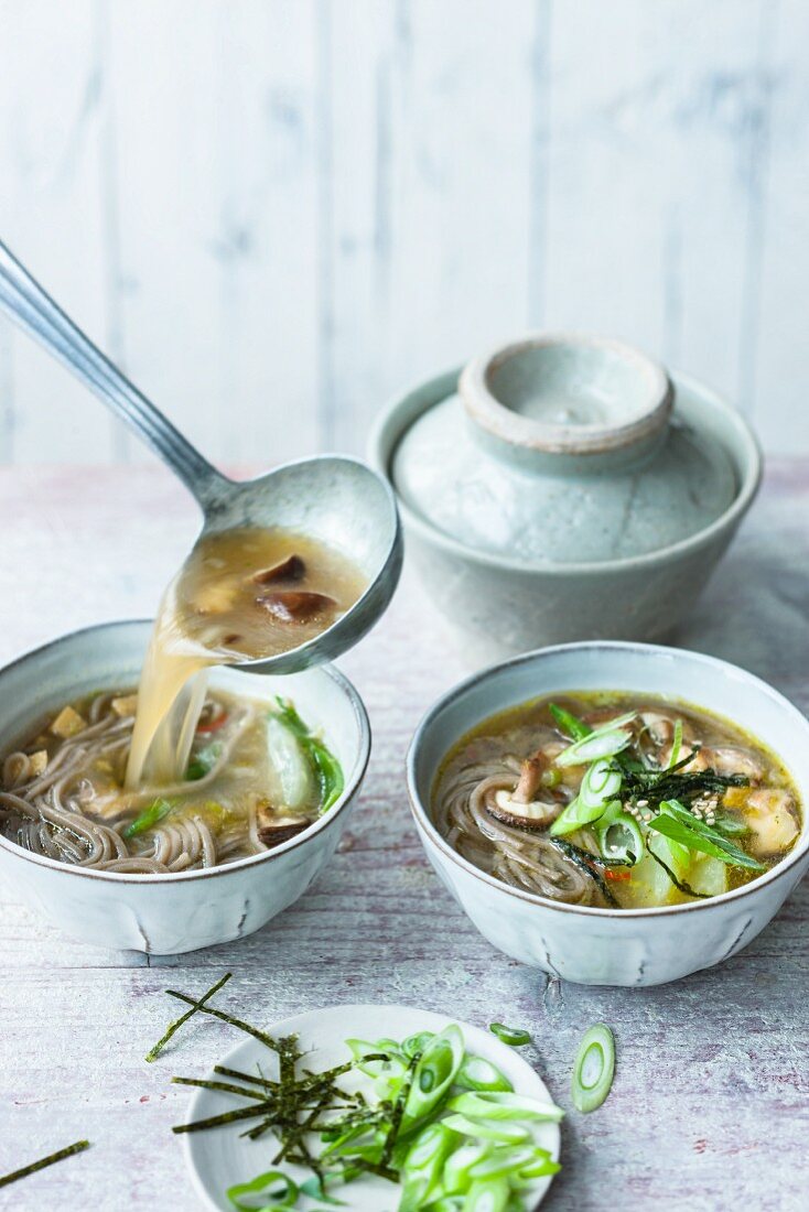Miso soup with lupin fillets, soba noodles and shiitake mushrooms (Japan)