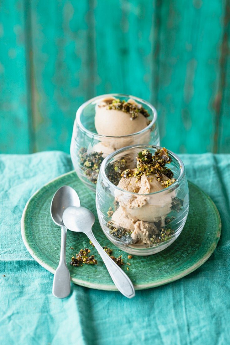 Lupin and cappuccino ice cream with coffee brittle