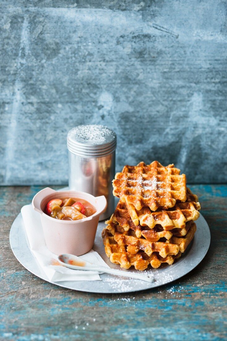 Lupin and spelt waffles with rhubarb and strawberry compote