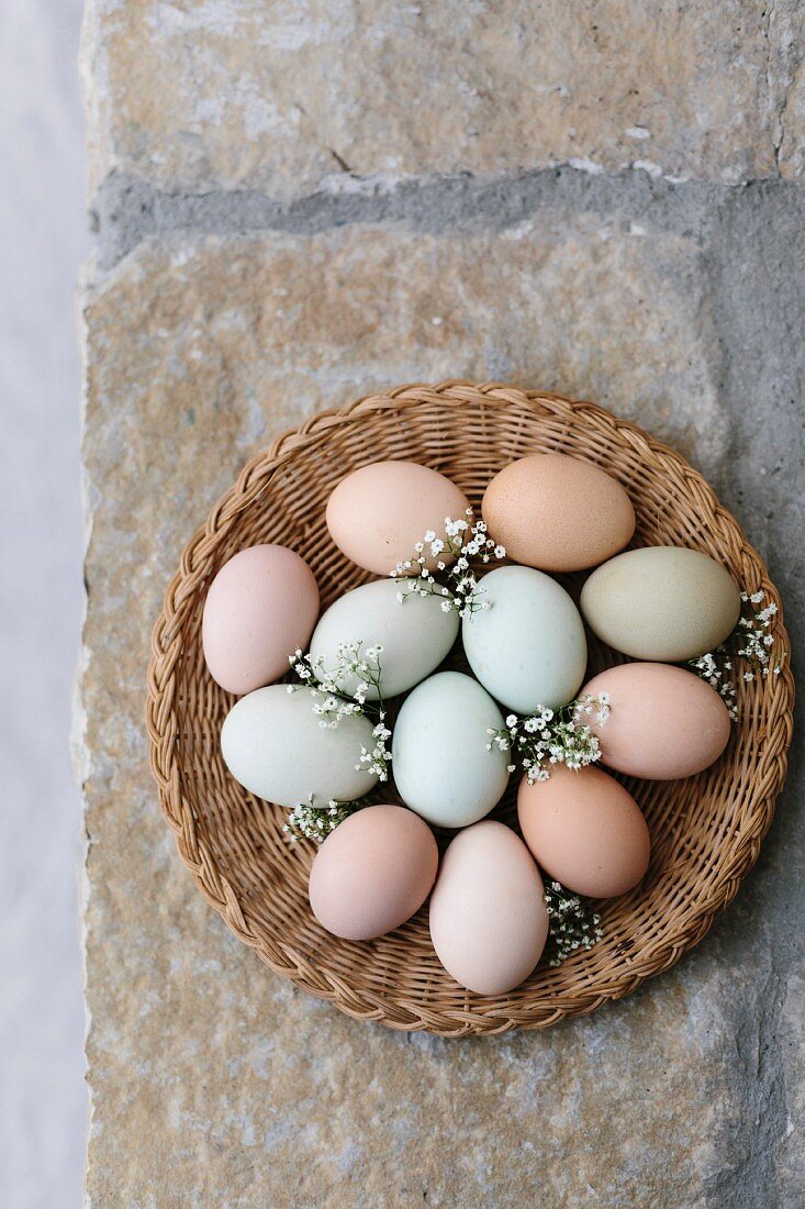 Multicoloured Farm Eggs in a basket