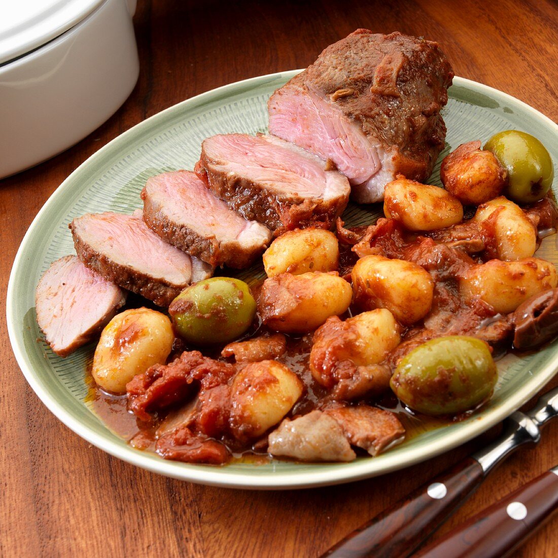 Duck breast Ragout with gnocchi, mushrooms, olives